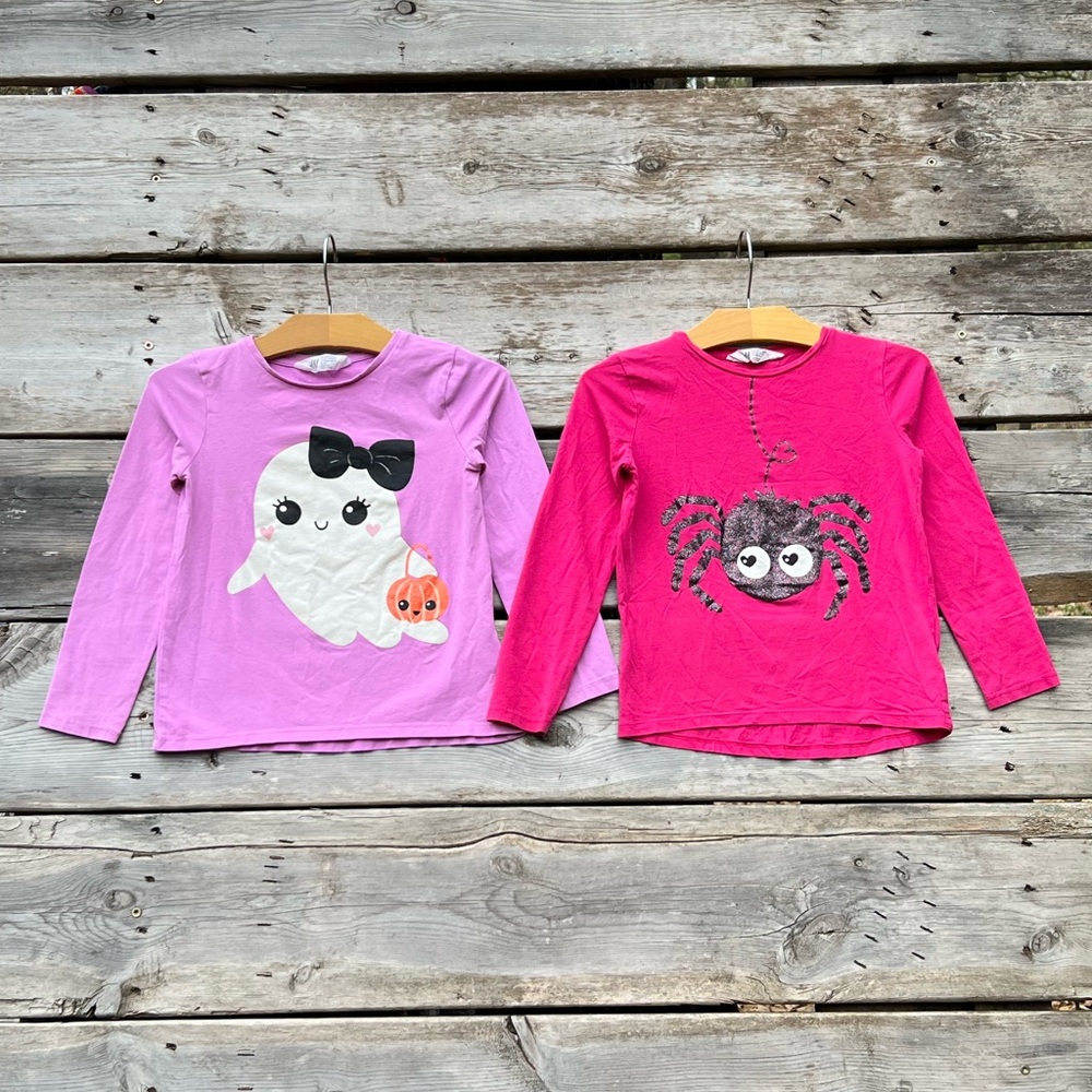 H&M Halloween Ghost & Spider Pink Cotton Long Sleeve Shirts Bundle Girls’ 6-8